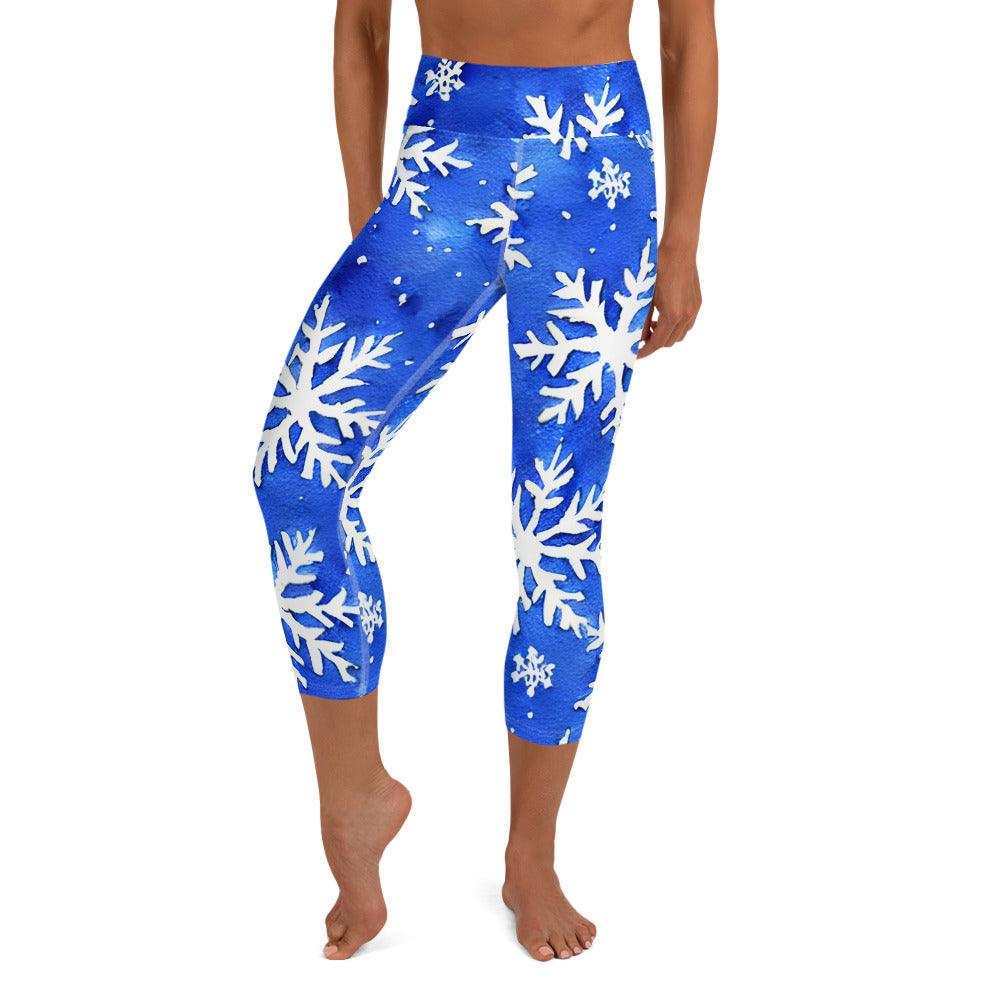 Blue Snowflakes Yoga Capri Leggings - Funfitti Apparel