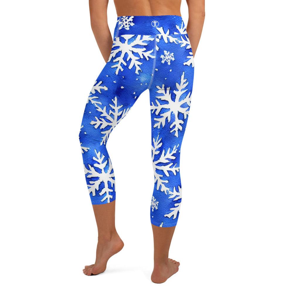 Blue Snowflakes Yoga Capri Leggings - Funfitti Apparel