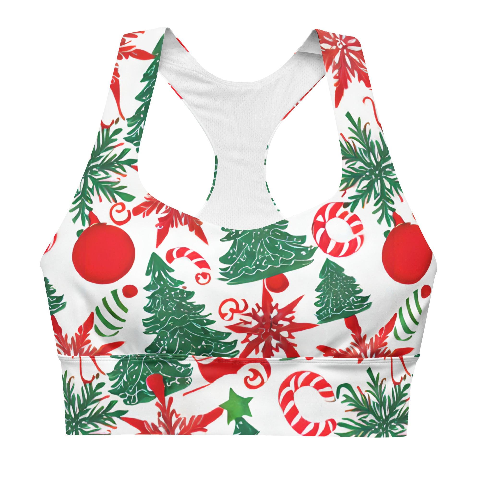 Festive christmas tree and ornament sports bra