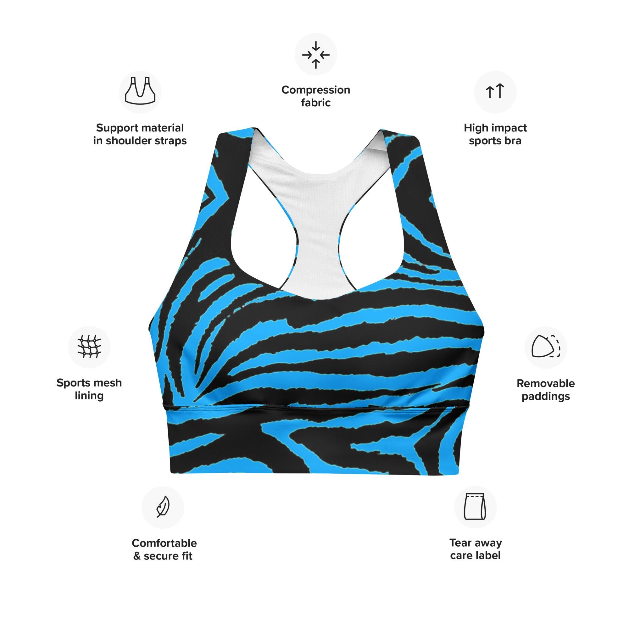 Gentle Blue Zebra Longline sports bra - Funfitti Apparel