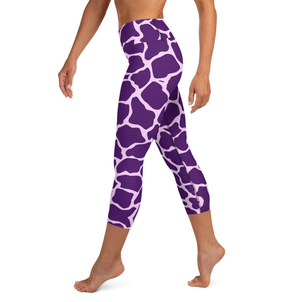 Gliding Purple Giraffe Yoga Capri Leggings - Funfitti Apparel