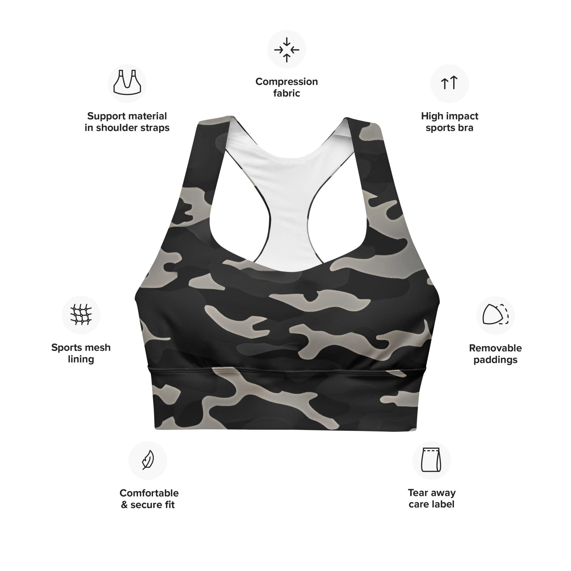 Gray Camo Longline sports bra - Funfitti Apparel