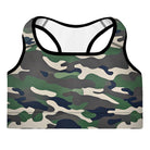 women's sports bra in a green camo print