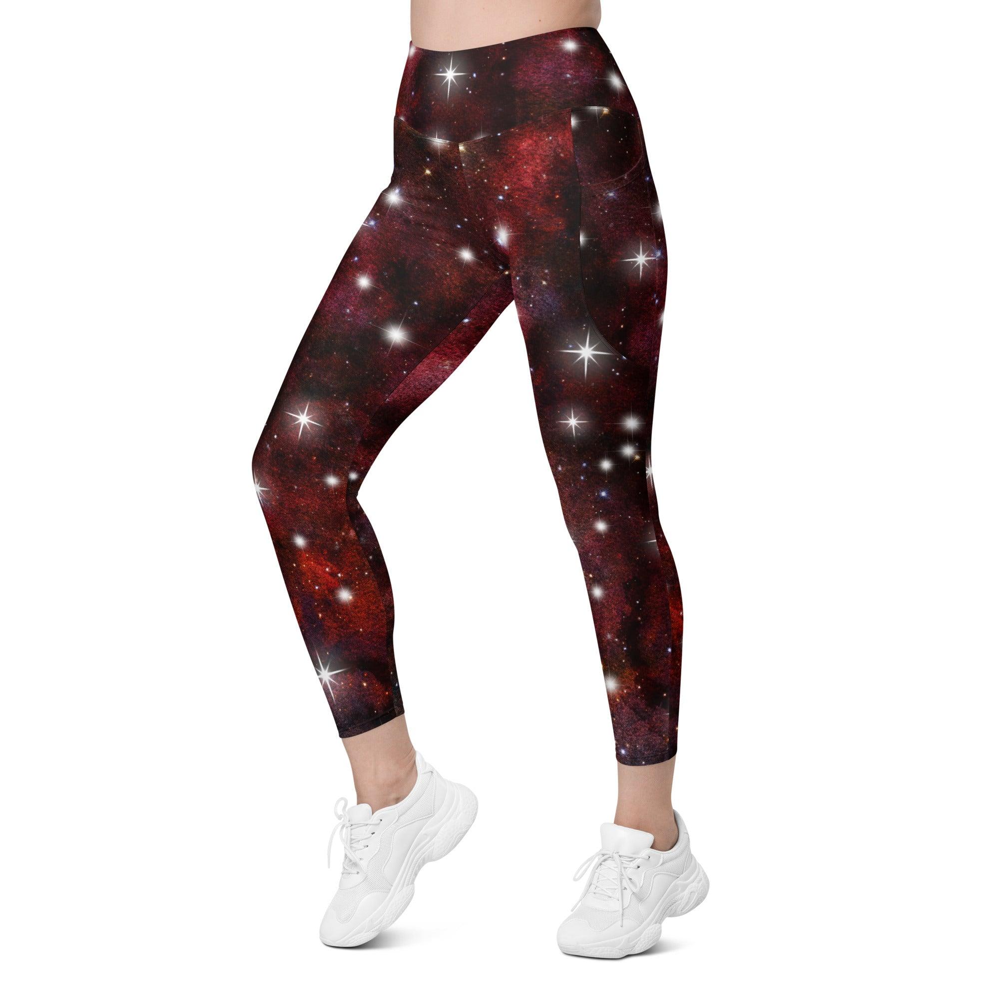 Red Starry Galaxy Leggings with pockets - Funfitti Apparel