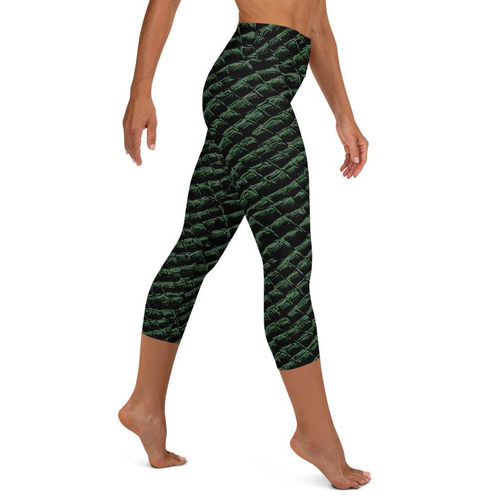 capri style leggings in a green alligator print