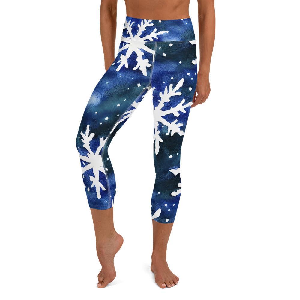 Watercolor Snowflake Yoga Capri Leggings - Funfitti Apparel